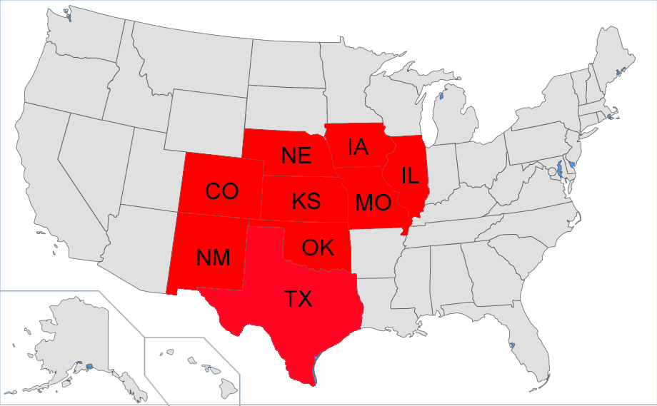 Midwest: Colorado • New Mexico • Texas • Oklahoma • Kansas • Missouri • Nebraska • Iowa • Illinois