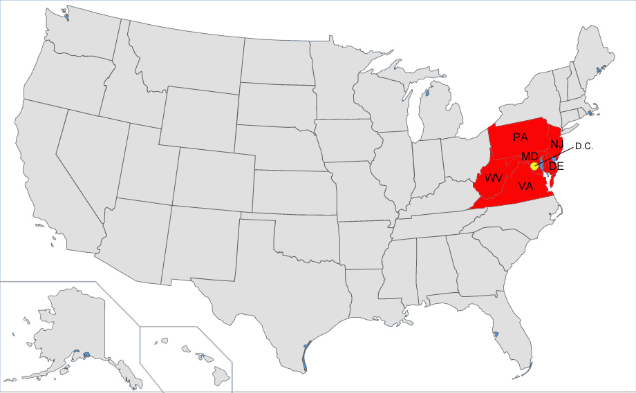 Pennsylvania • New Jersey • Delaware • Maryland • Virginia • West Virginia • Washington D.C.