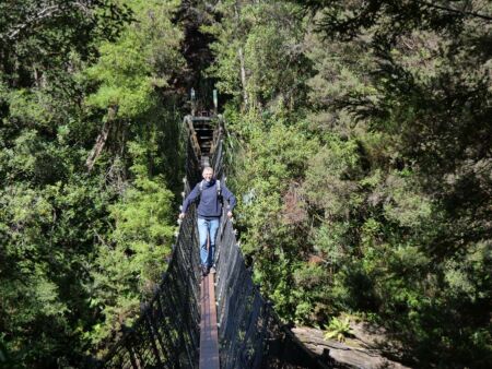 Frenchmans Cap Suspension Bridge am Lyell Highway, Tasmania<br>
Die Hängebrücke ist für maximal (!) eine Person zugelassen Frenchmans Cap Suspension Bridge am Lyell Highway, Tasmania