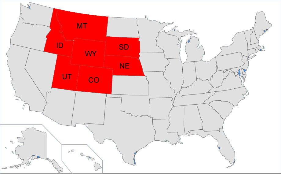 Mitte des Westens: Montana • Idaho • Wyoming • Utah • Colorado • Nebraska • South Dakota