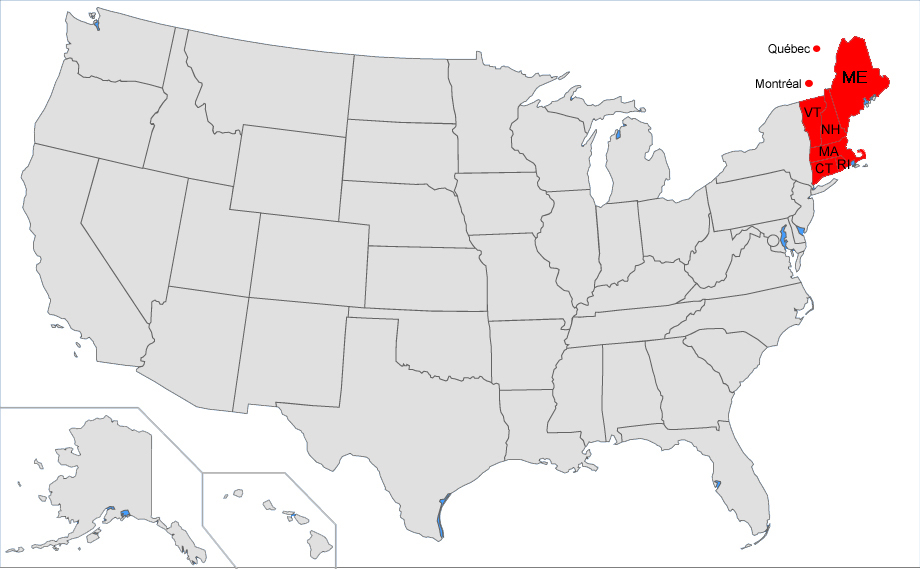 Maine • Vermont • New Hampshire • Connecticut • Rhode Island • Massachusetts • (Québec)